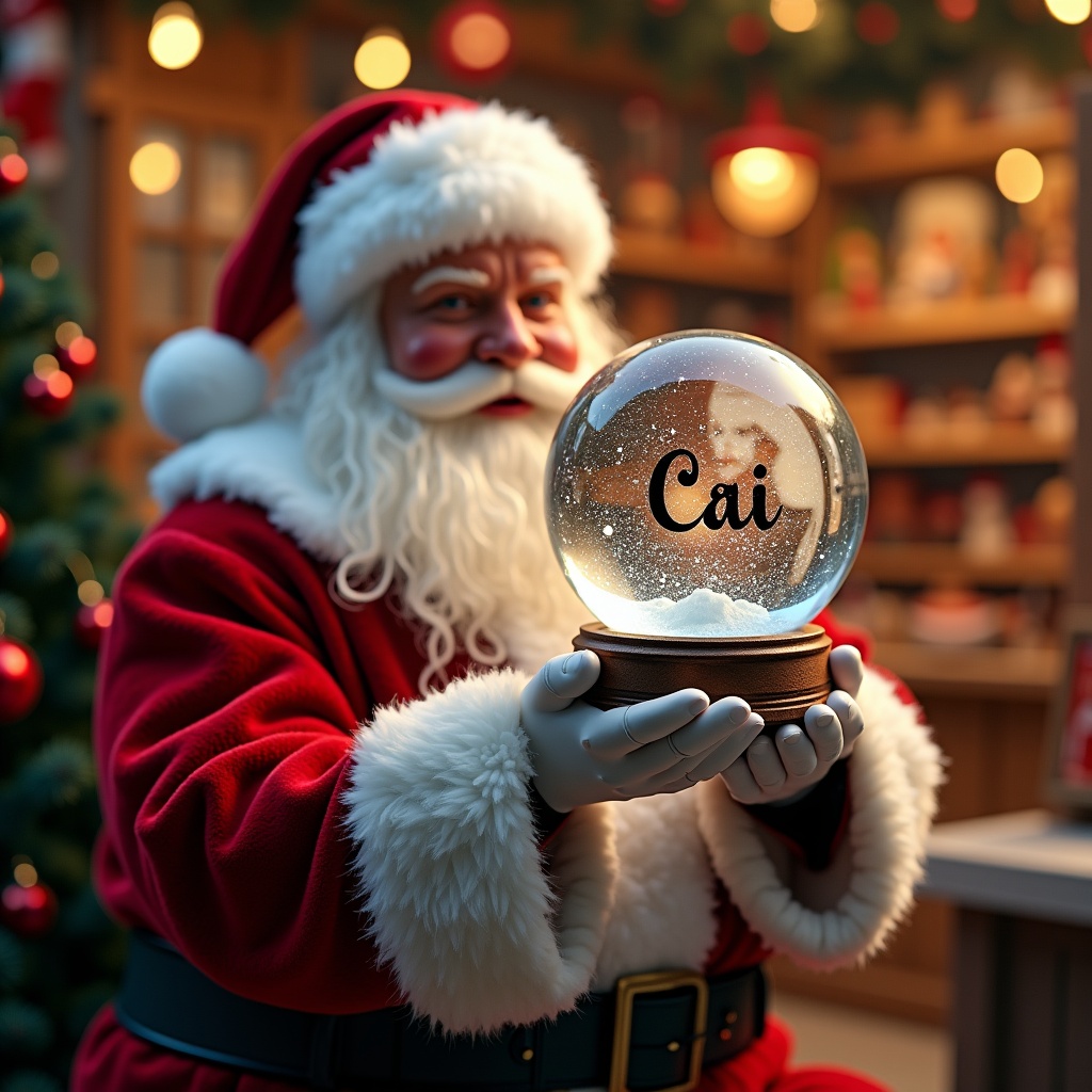 Christmas scene with Santa Claus in red and white suit holding a snow globe. The snow globe has the name Cai. Background includes a toy shop with festive decorations and glowing lights.