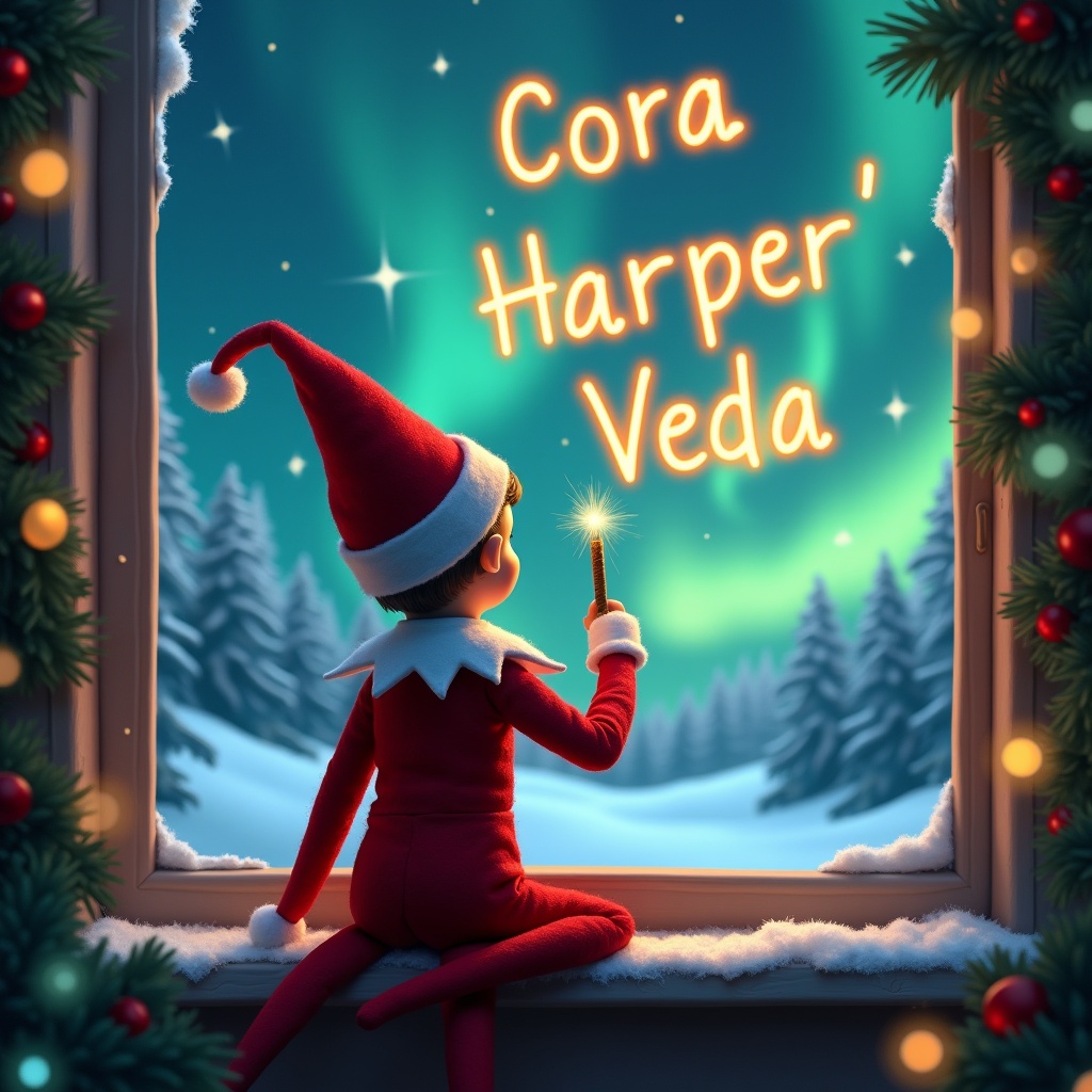 An enchanting Christmas scene features an elf on the shelf sitting by a window. The elf is dressed in classic red and white, turned with his back to the viewer, gazing at the sky. In his hand, he holds a magic wand and is writing names 'Cora', 'Harper', and 'Veda' in glowing script above him. The backdrop showcases stunning northern lights that illuminate the winter landscape. The overall atmosphere is festive and whimsical, perfect for capturing the magic of the holiday season.