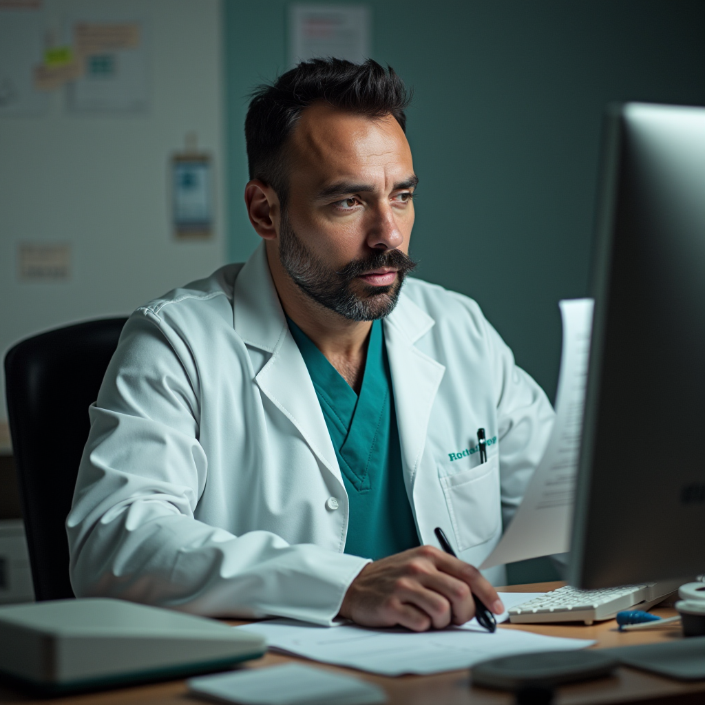 A man in a white lab coat attentively works at a computer desk, holding a paper and a pen.