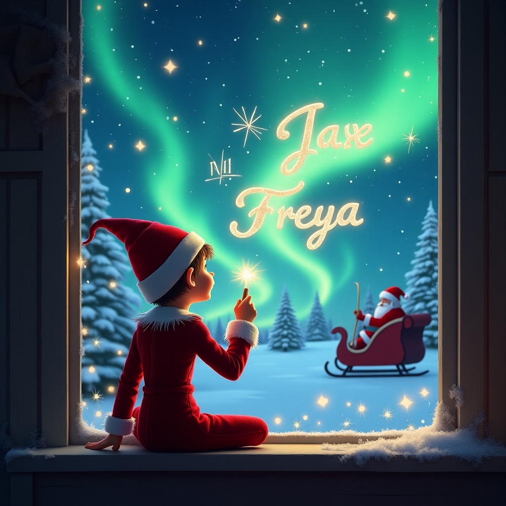 The image features an elf sitting on a window ledge with his back to the viewer. He gazes in awe at the colorful northern lights that illuminate the night sky. The background is adorned with sparkling stars and a winter landscape, creating a magical ambiance. Santa Claus, seen in his sleigh, adds to the festive spirit. The elf is dressed in a classic red outfit with a pointed hat, emphasizing the holiday theme. Using a wand, the elf writes the names 'Jax and Freya' in shimmering letters, enhancing the enchanting atmosphere.