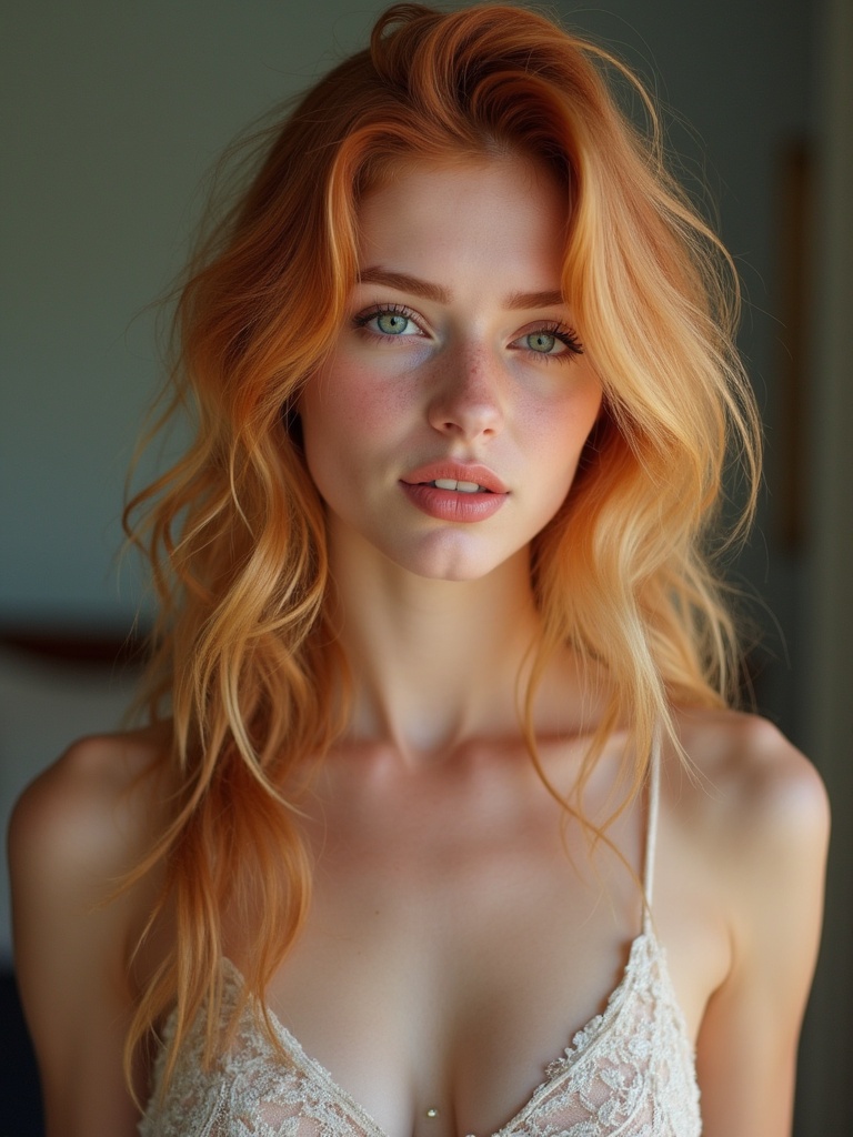 A young woman with wavy blonde to red hair wearing a delicate lace top. The model has youthful features and a graceful posture. The background is softly blurred to emphasize her figure. The lighting is warm and natural.