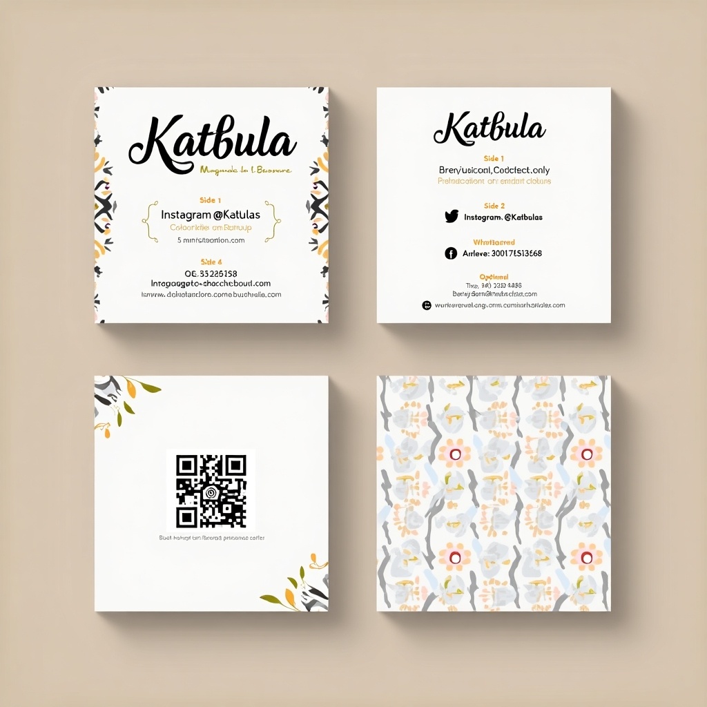 Professional business card design for KatBula specializing in crochet and leather crafts. Card dimensions are 5 cm x 5 cm with rounded corners. Front features the name in stylish typography with crochet graphics. Includes social media contacts. Back has a centered QR code for direct contact. Clean design with subtle patterns.