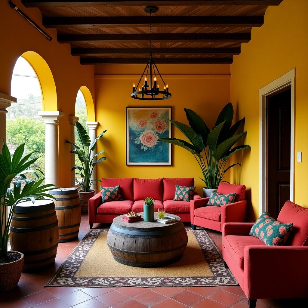 Room inspired by Havana themes with vibrant yellow walls and red seating. Decorative barrels and palm plants present. No traditional couch.