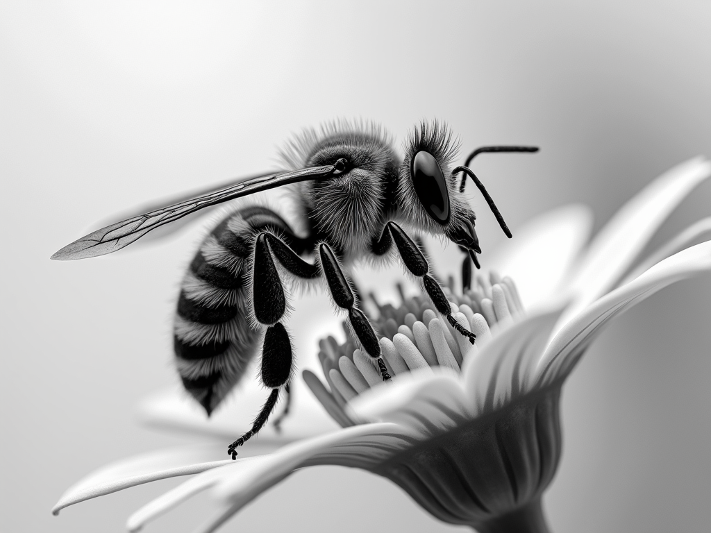 A detailed black and white close-up of a bee meticulously pollinating a flower.