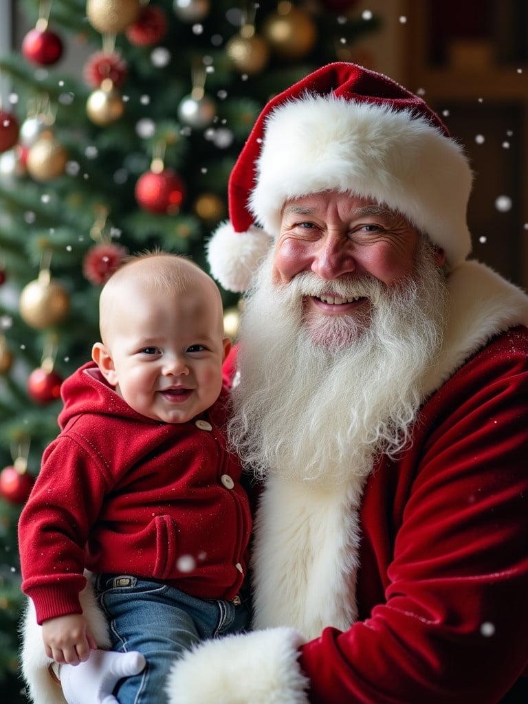 Cheerful Santa Claus carries a smiling baby. Santa dressed in a classic red suit. Beautifully decorated Christmas tree in the background. Snowflakes enhanced the festive atmosphere.