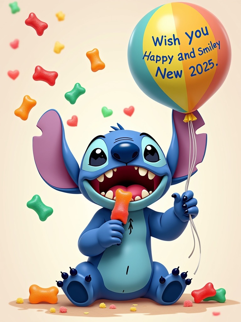 Cartoon character Stitch is blue with big ears and a happy expression. He sits with a wide smile and shows his teeth. One hand throws gummy bears while his mouth is full of gummy bears. The other hand holds a balloon that says 'Wish you Happy and Smiley New 2025, Nika!'