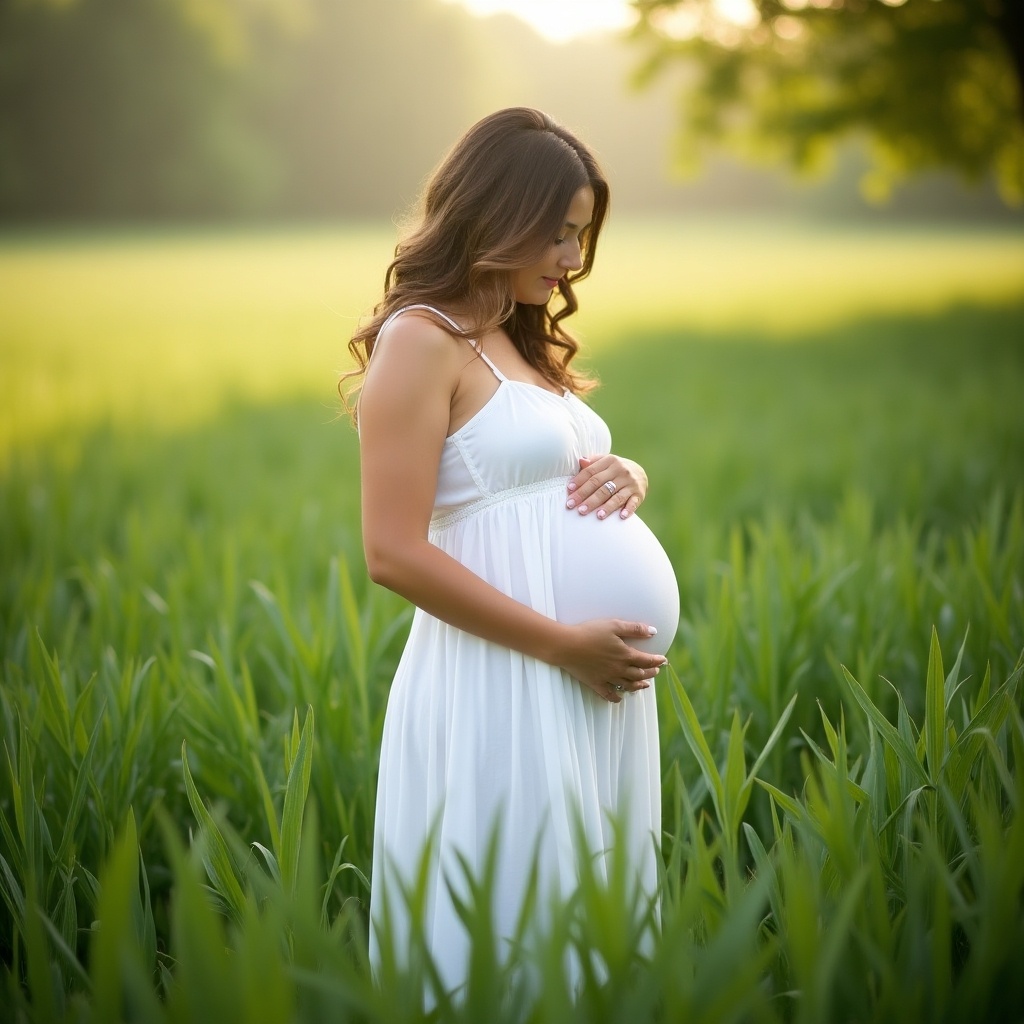 A pregnant woman is standing gracefully in a lush green field. She is wearing a flowing white dress that reflects natural beauty. Her hands gently cradle her baby bump, showcasing her maternal glow. The background is filled with vibrant green grass, enriched by the soft glow of the golden hour. The scene conveys a sense of peace and anticipation, making it a perfect representation of motherhood and nature.