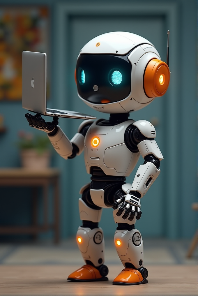 A cute humanoid robot holding a laptop with an apple logo, featuring glowing blue eyes and orange accents, stands in a cozy room with furniture in the background.