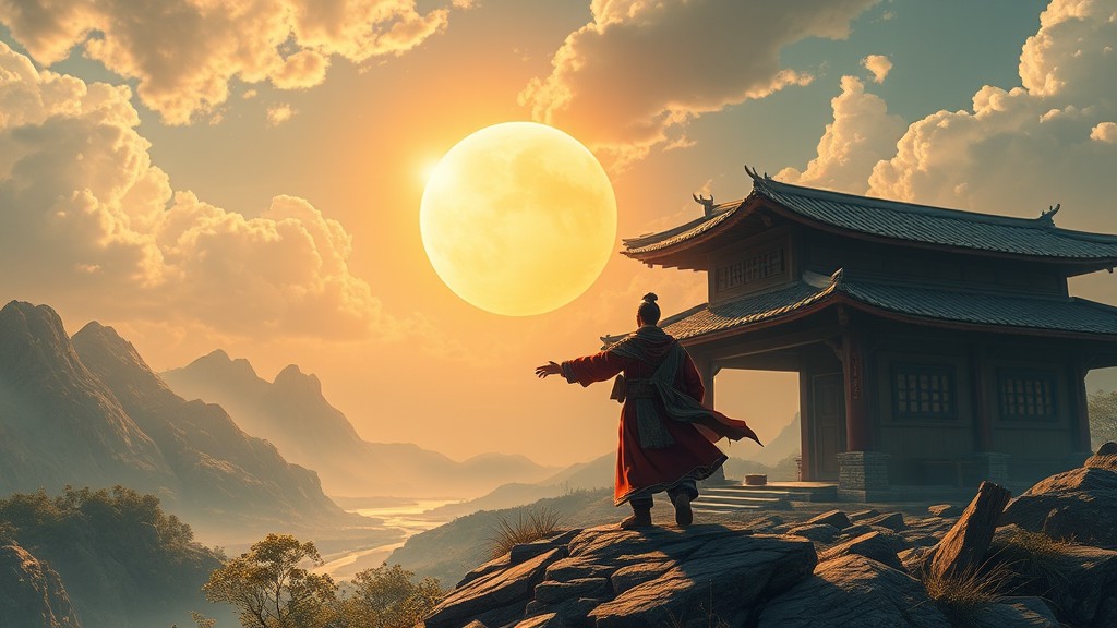 A person in traditional attire is standing before a pagoda, embracing a breathtaking sunset over a mountainous landscape.