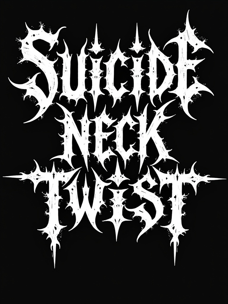 Logo for band called SUICIDE NECK TWIST Gothic typography with sharp lettering Intricate spikes on black background Design represents slamming brutal death metal music style