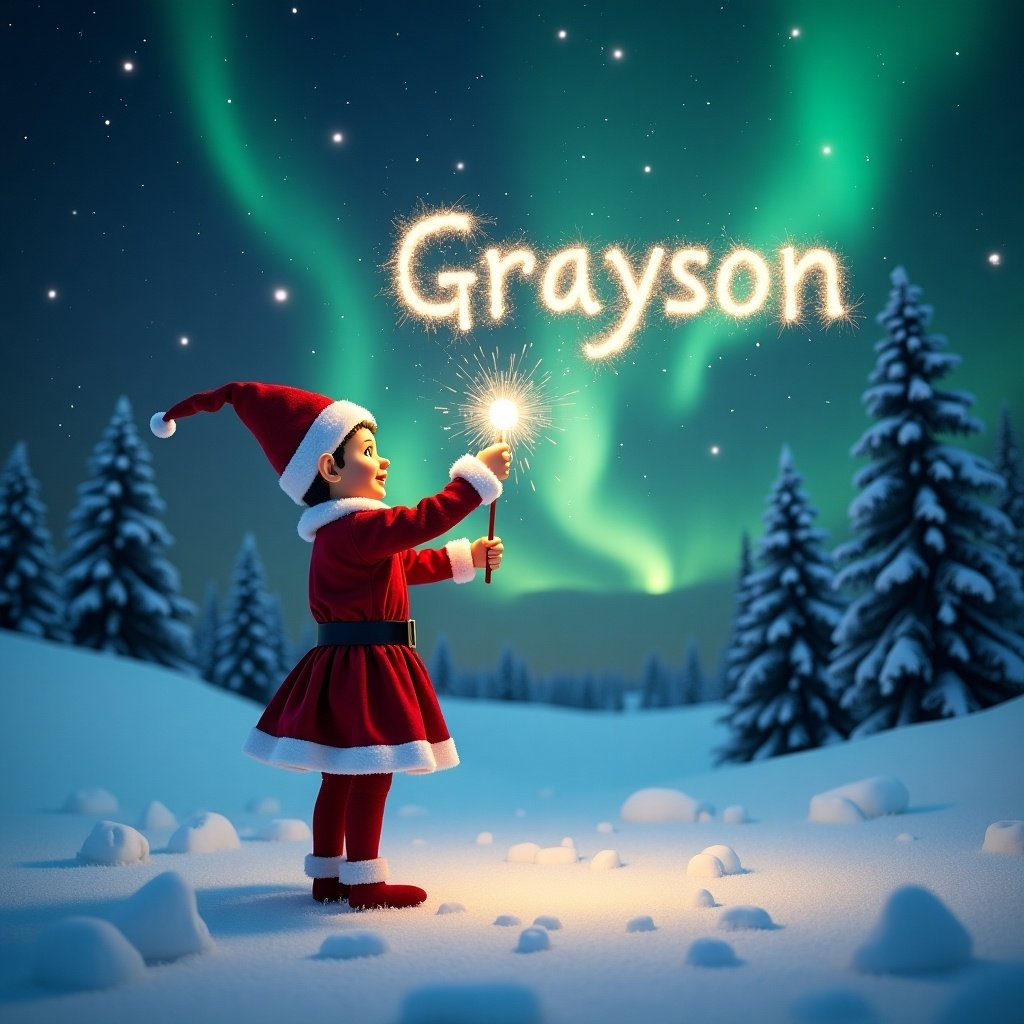 An elf is in a snowy landscape. The elf wears a red outfit. The sky is filled with northern lights. The elf uses a magic wand. The elf writes the name Grayson in sparkles. The scene evokes holiday cheer. The atmosphere is whimsical and joyful.