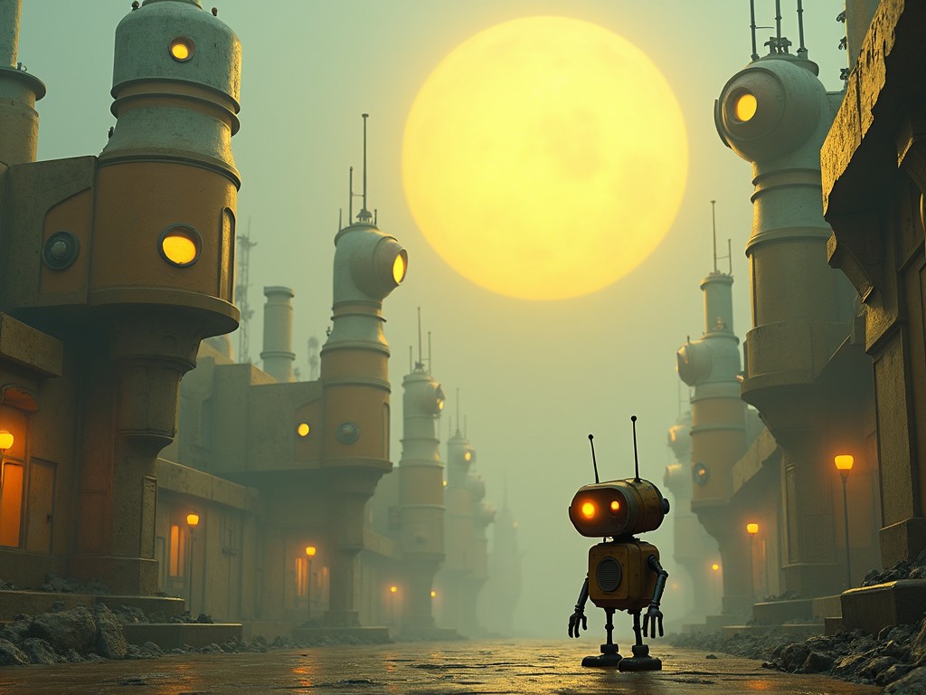 A small robot standing in a futuristic cityscape with a giant moon in the background, surrounded by tall, industrial buildings, and glowing lights.