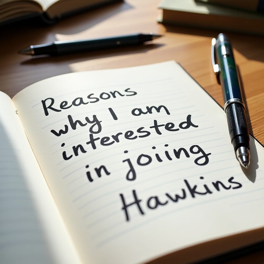 Handwritten note on paper with reasons for interest in joining Hawkins.