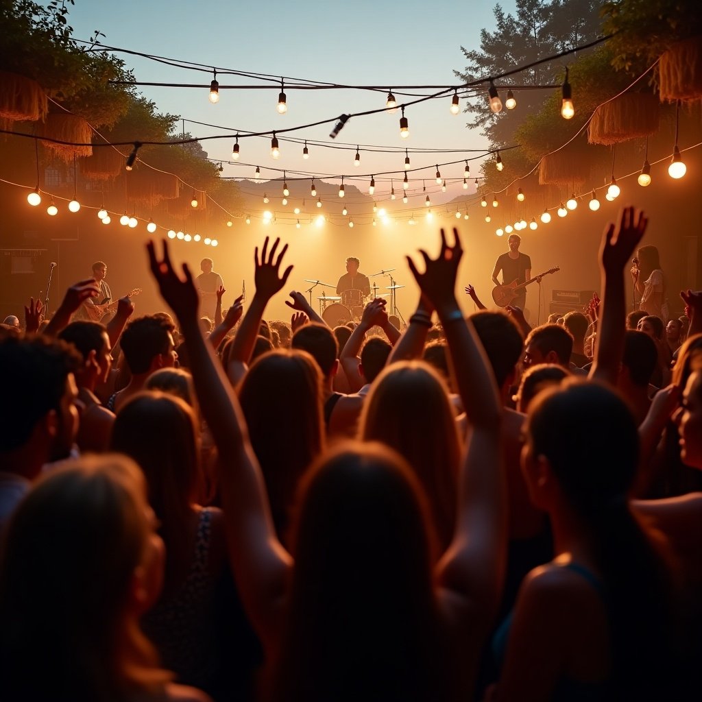 This video takes place in a small, open venue where a live band is energetically performing on stage. The camera starts with a close-up of a tightly packed crowd, showcasing a diverse mix of people who are dancing, clapping, and singing along to the music. Some audience members are holding drinks while others cheer and smile, all captivated by the band on stage, which includes a guitarist, drummer, and singer. Bright, warm stage lights create a cozy atmosphere as the camera pans over the venue, highlighting the string lights hanging above and potted plants around the space. The softly lit sky transitions into dusk, adding a golden glow, while the focus remains on the passionate expressions of the audience as they immerse themselves in the music, creating a vibrant and dynamic atmosphere perfect for social media.