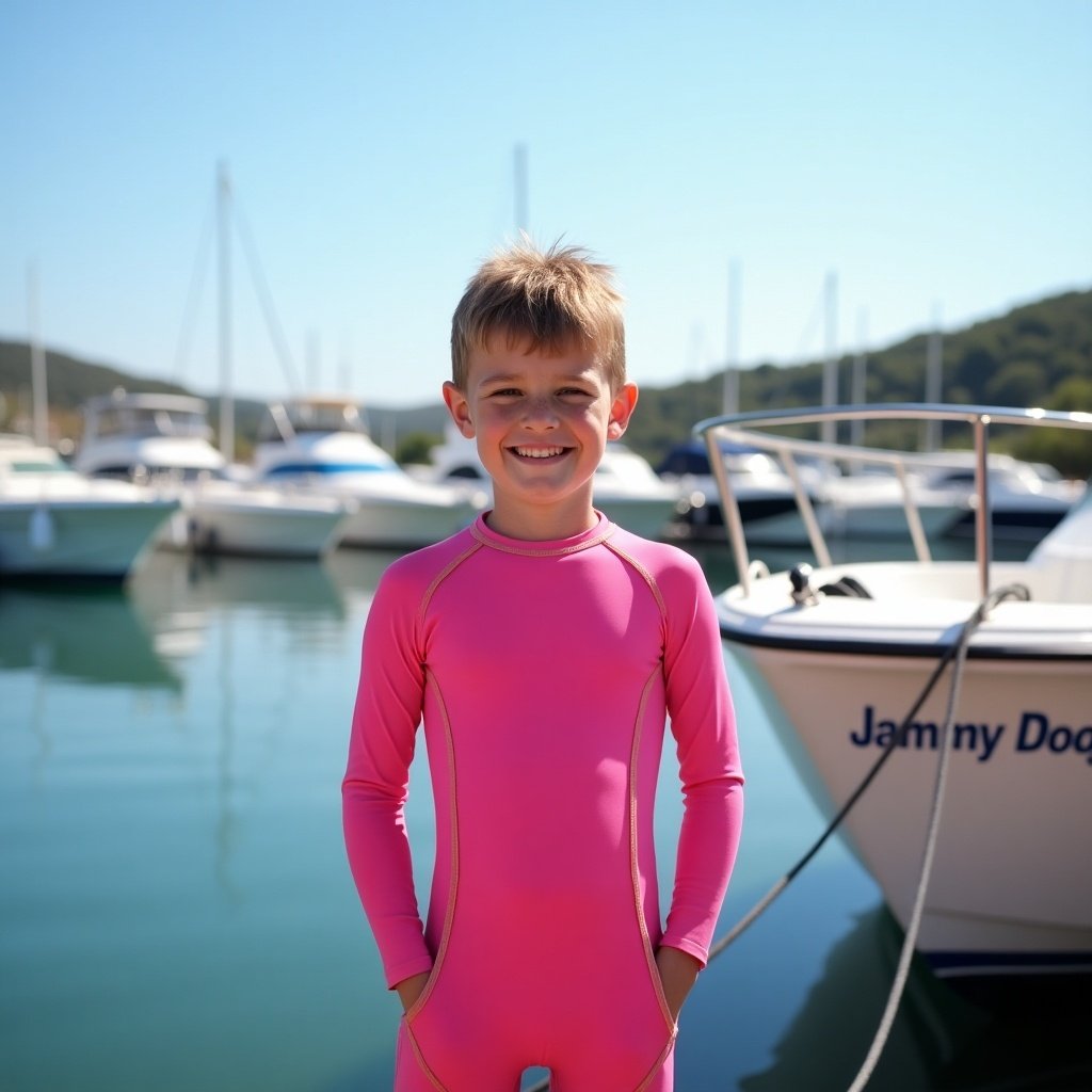 Image of a boy wearing a long-sleeve pink swimsuit next to a boat in a marina. Background features multiple boats, a blue sky, and gentle hills. The scene conveys summer joy and outdoor activities.