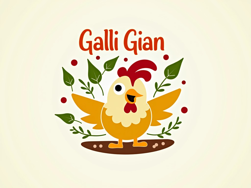 This playful illustration features a cartoonish chicken with vibrant orange and yellow feathers, set against a minimalistic background. The chicken appears animated with large, expressive eyes and a red comb, surrounded by whimsical green leaves and red berries. The text 'Galli Gian' is prominently positioned above the character, adding to the lively and fun atmosphere of the design.