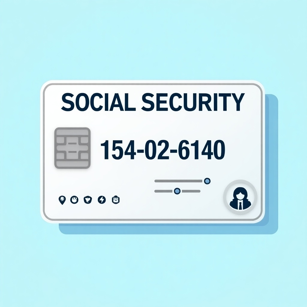 Depiction of generic social security card. Text 'SOCIAL SECURITY' at the top. Key numbers '154-02-6140' displayed. Graphic chip is shown. Decorative elements indicate official nature. Background is soft blue. Design is professional and clean.