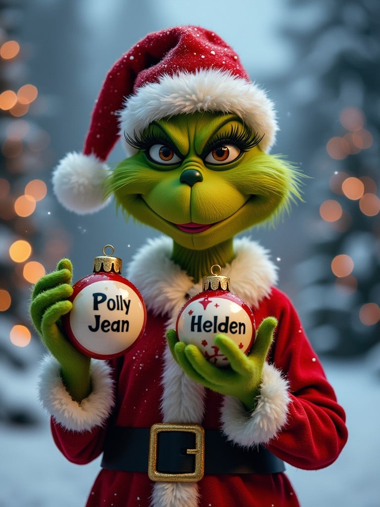 Grinch character in a Santa suit holds Christmas ornaments. Left ornament has name Polly Jean. Right ornament has name Holden. Snowy background with Christmas lights and trees.