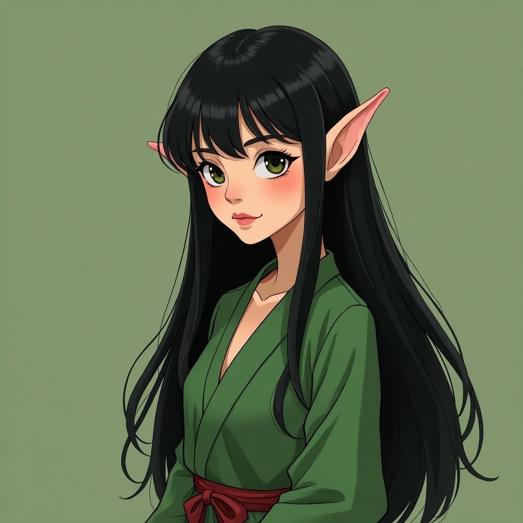 An elf character with medium long black hair dressed in a green garment holding boba tea.