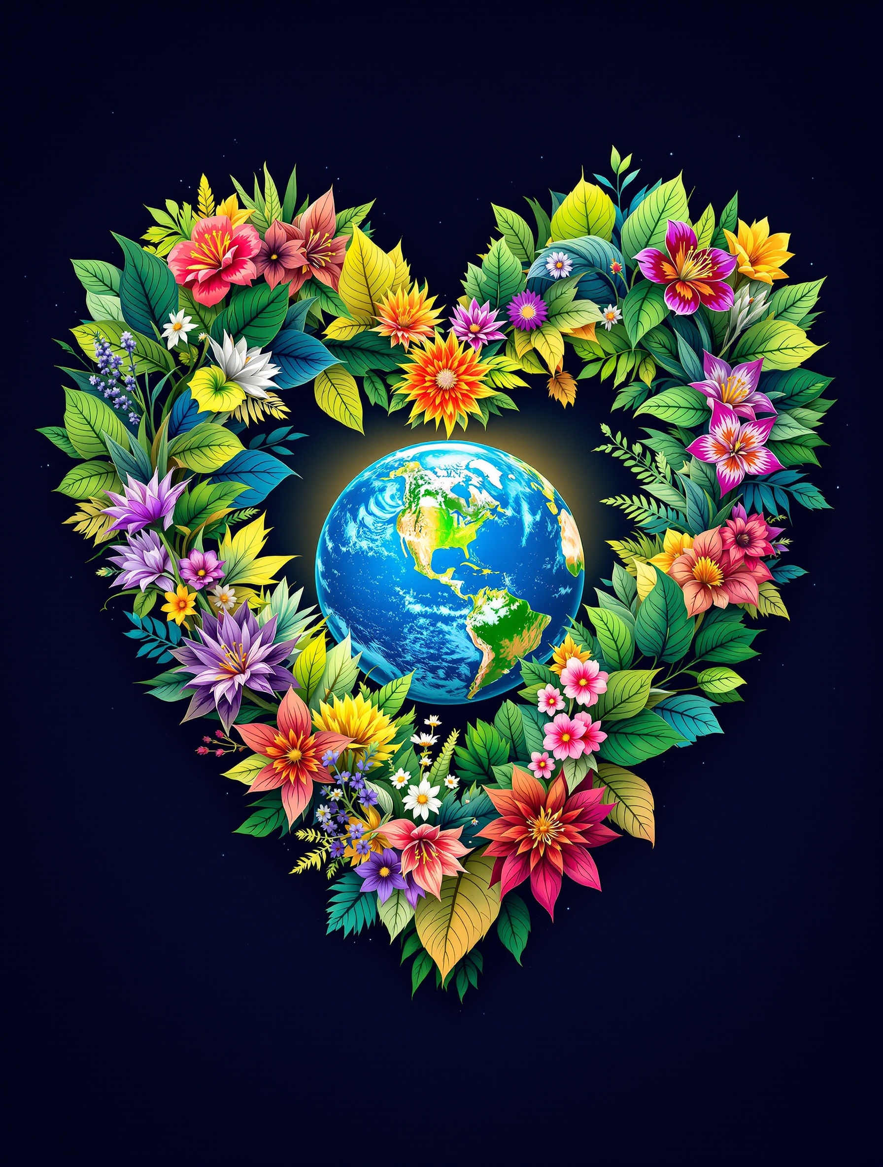 Heart composed of vibrant leaves and flowers surrounding the Earth. Bright colors and lush details. Focus on nature's beauty. Illustrative artwork with a powerful message.