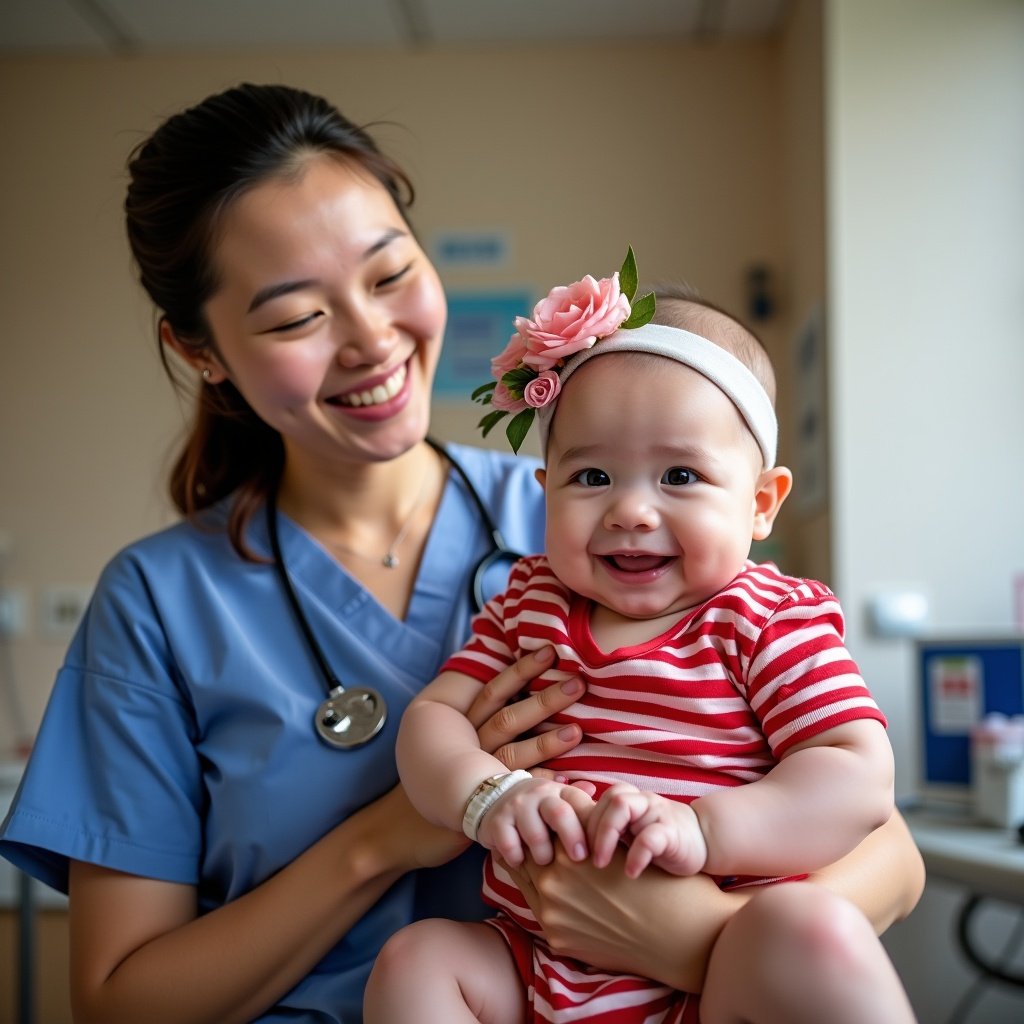 A smiling caregiver in scrubs holds a chubby baby dressed in a striped red outfit. The baby is adorned with a floral headband, and a feeding tube is visible, indicating a medical context. The background reflects a hospital environment with visible equipment. There is a warm atmosphere filled with care and compassion. The scene captures the joy of human connection, emphasizing the positive interactions between caregivers and their young patients.