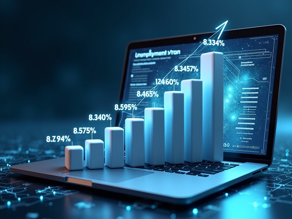 A futuristic technology-themed digital artwork showcasing a 3D bar graph illustrating an upward trend. The graph emerges from an open laptop, symbolizing data growth and analysis. The design integrates modern colors like blue, black, and white, giving a sleek digital appearance. Each bar of the graph represents unemployment statistics from 1994 to 2000, highlighting the changes in employment rates over time. The setting conveys a tech-savvy atmosphere optimal for business and educational use.