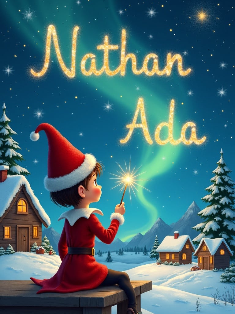 An elf wearing a red outfit sits on a wooden ledge and looks at a magical sky. The elf holds a sparkling wand. The elf writes the name 'Nathan' in the starry sky. The painting features a snowy landscape with charming houses and evergreen trees. The scene includes shimmering Northern Lights. The elf elegantly adds the names 'Natasha' and 'Ada' in the sky, enhancing the magical atmosphere.