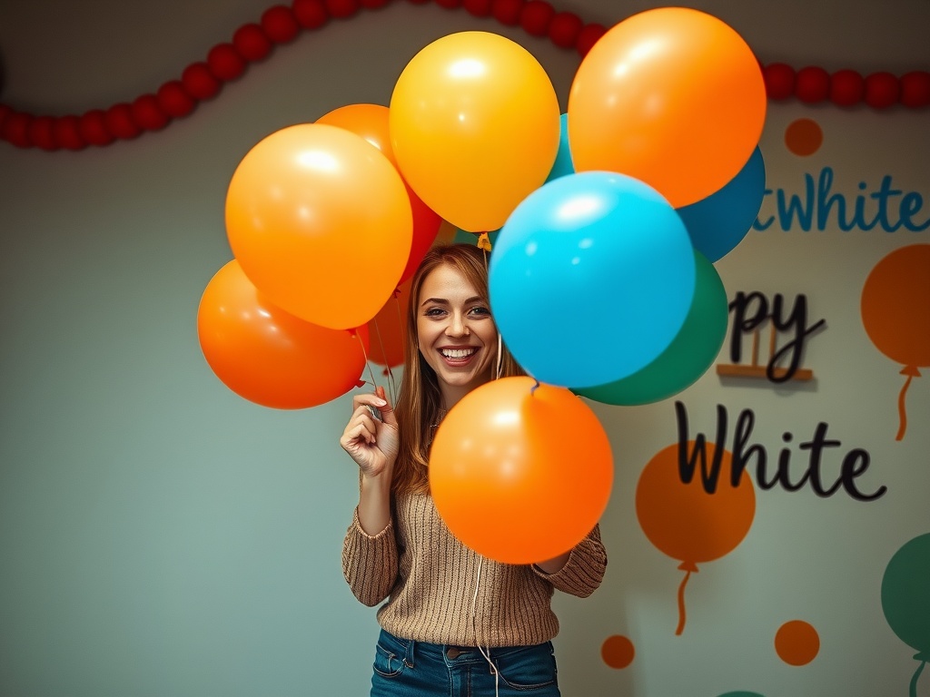 A woman smiling and holding a colorful bouquet of balloons in a festive setting.