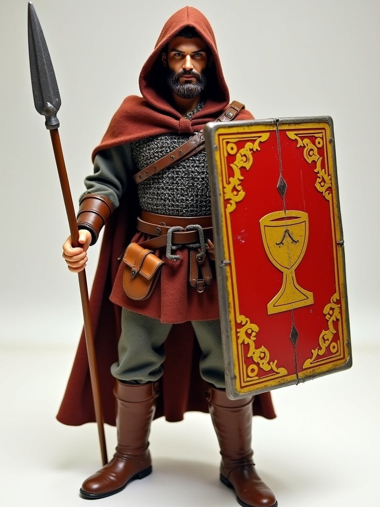 Full shot of a male medieval warrior retro action figure named Husita holding a spear in his left hand and a large shield in his right. Shield prominently red with gold border and embellishment. Warrior dressed in reddish-brown tunic with a hood over chainmail. Leather pouch visible at waist with leather straps.