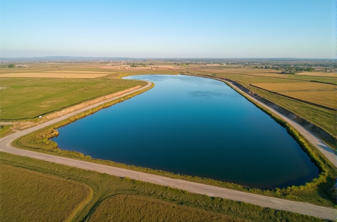 A large, serene, blue reservoir surrounded by expansive, flat green fields under a clear blue sky.