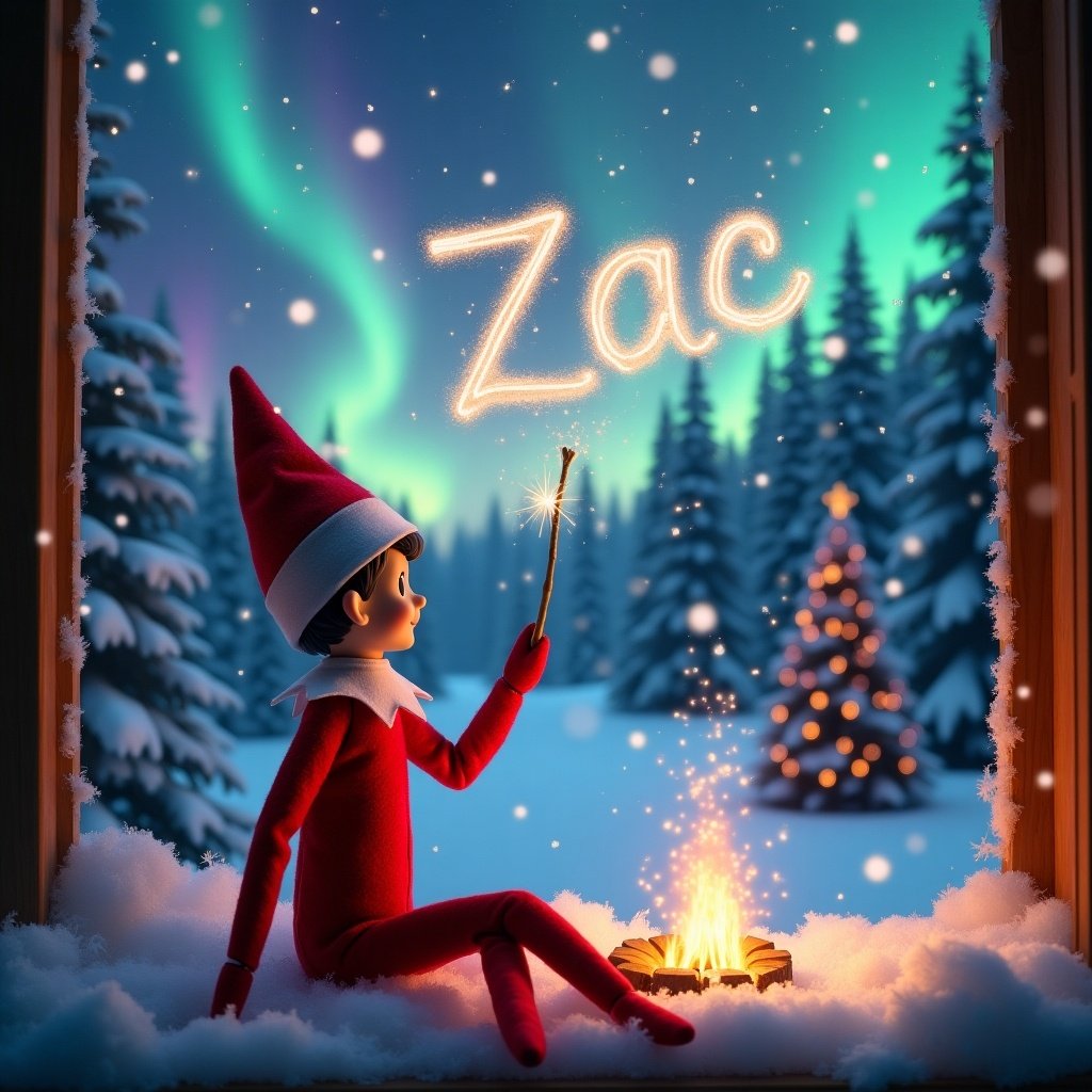 The image showcases a traditional red elf on the shelf sitting on a snowy windowsill. The elf, with a magic wand, is writing 'Zac' in sparkling letters across the night sky. Snowflakes delicately fall around the elf, enhancing the magical atmosphere. In the backdrop, vibrant northern lights illuminate the night with shades of pink, purple, and turquoise. A warm campfire nearby casts a cozy glow on the snow-covered landscape, including a beautifully decorated Christmas tree in the distance.