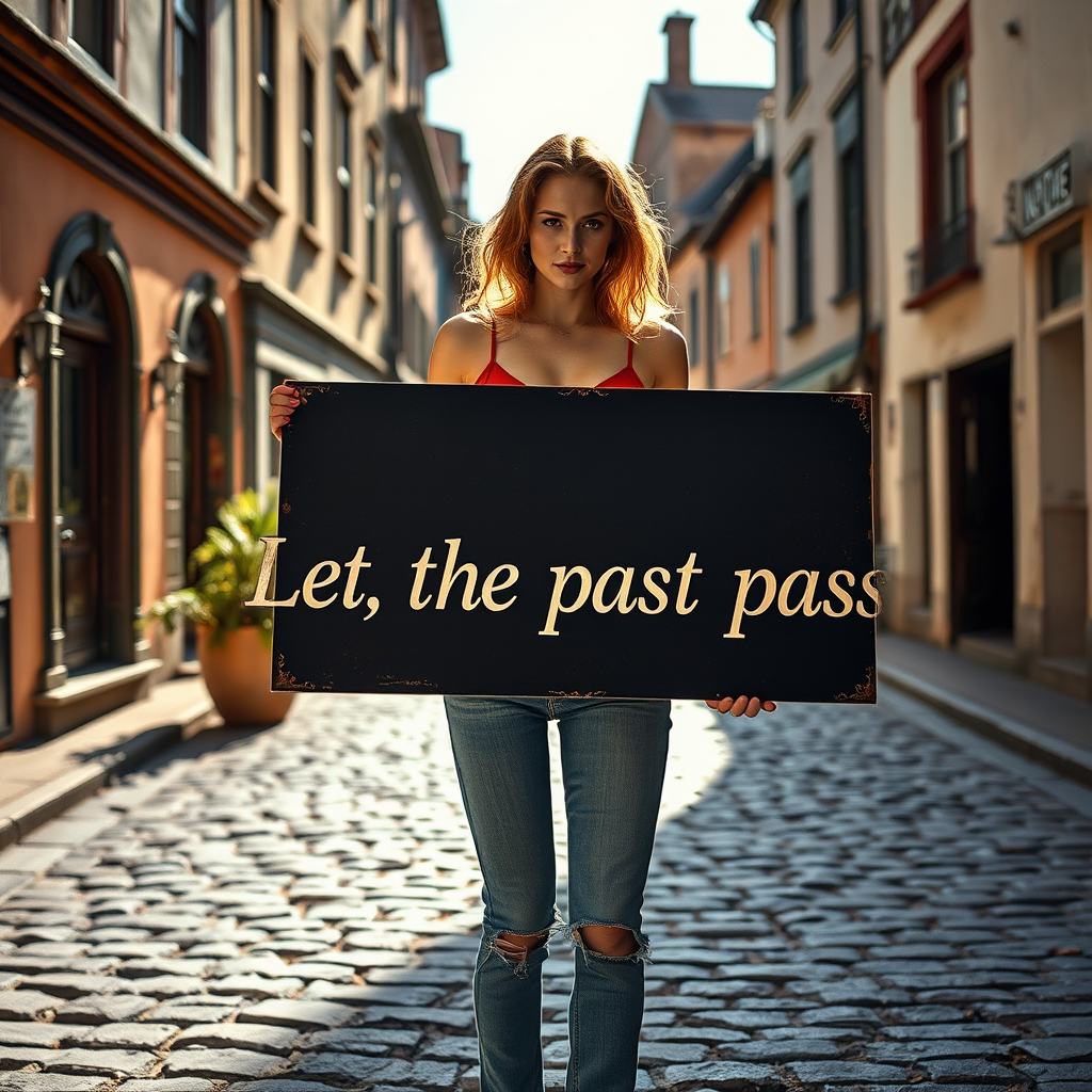 A woman stands on a cobblestone street holding a sign that reads 'Let, the past pass'.