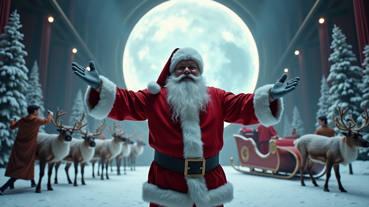 Cinematic image showcases Santa Claus celebrating in a high-tech room. Around him, diverse ethnic people practice taichi chuan. Openings reveal snowy woods and sky. Sleigh with reindeer parked. Wide shot with Santa surrounded by beautiful people.