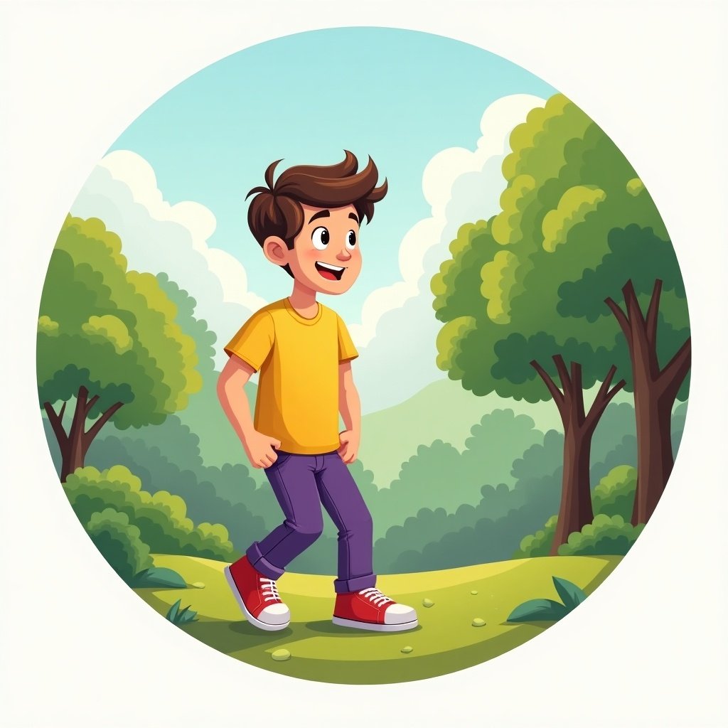 Circular illustration of a cartoon character. Handsome young man in yellow shirt and purple pants. Walking in a green park. Observing something unusual in the surroundings.