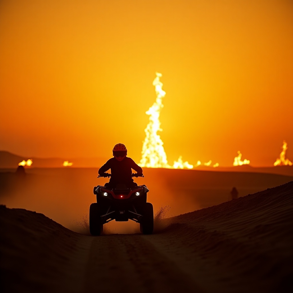 This image captures a thrilling moment of a rider racing on a quad bike along a dirt trail at sunrise. The rider is silhouetted against a stunning backdrop of a towering burst of flames in the desert. The orange and yellow hues of the sunrise contrast sharply with the dark silhouette of the quad bike and rider. Dust is kicked up behind the bike, adding an element of motion and excitement. The scene evokes a sense of adventure and adrenaline, perfect for capturing the spirit of extreme sports in a stunning landscape.