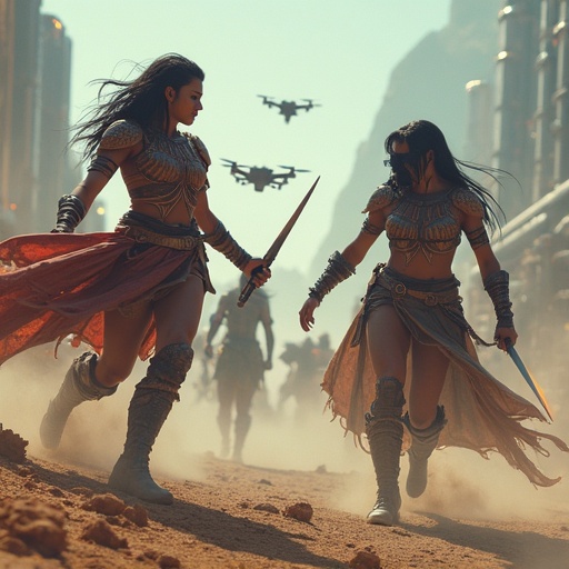 Future warriors from two tribes engage in combat. They wear futuristic tribal costumes and wield weapons. Futuristic drones fly overhead. The setting is a dystopian environment with a dusty ground. Sunlight creates dramatic shadows across the scene.