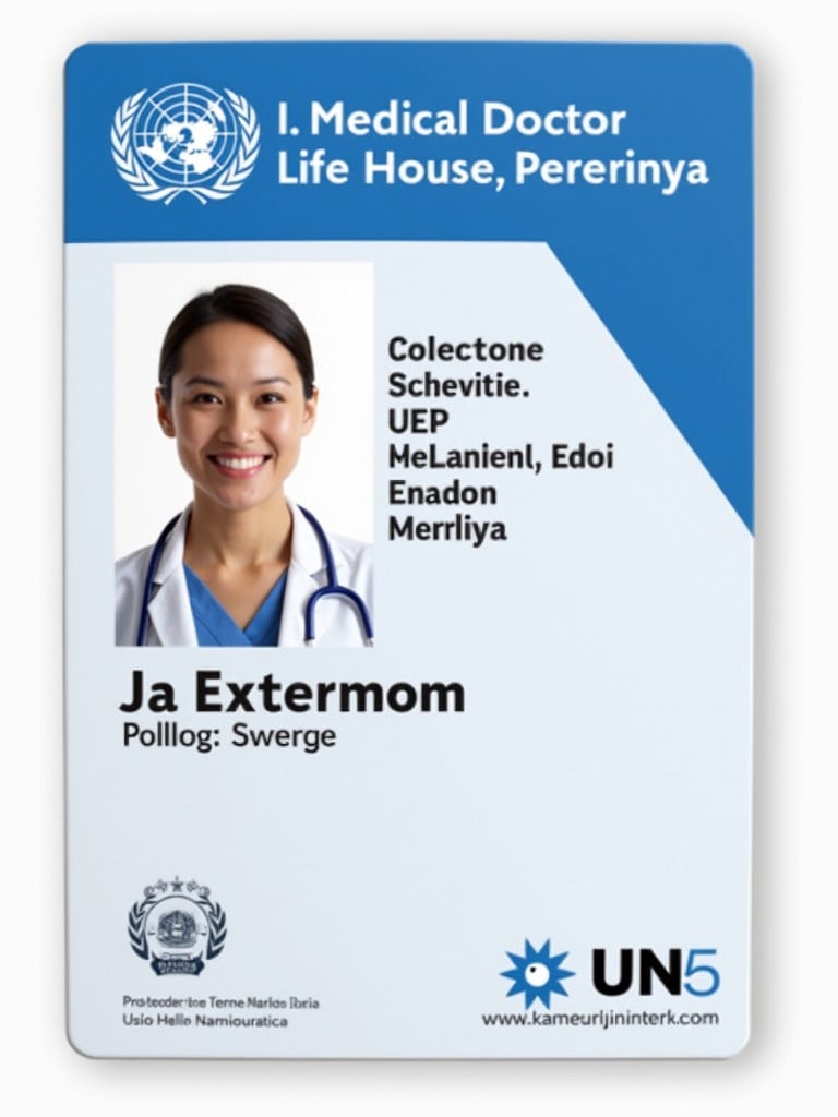 Design of a UN medical doctor ID card. Features a name and identification details.