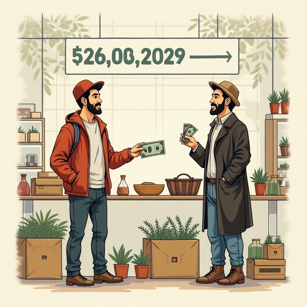 Illustration of a buyer and seller engaged in a financial transaction. Buyer holds cash in one hand while seller holds cash in another. Amount of $526,00,2029 is prominently displayed. Background features potted plants and boxes.