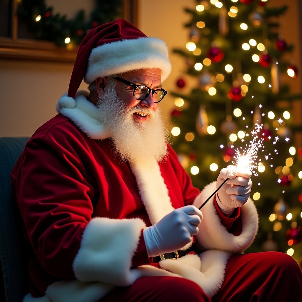 Santa in a festive setting. Red suit, white beard. Holding sparklers. Christmas tree in background.