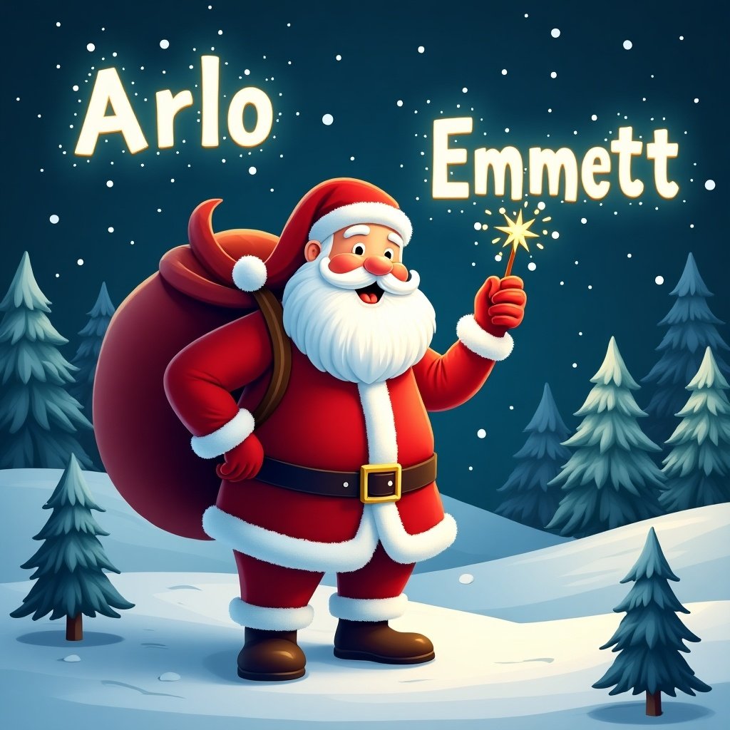 The image features a cheerful Santa Claus standing in a snowy landscape. He has a large red sack slung over his shoulder and is holding a sparkly wand. Santa is dressed in his traditional red and white outfit, complete with a belt and boots. Behind him, the night sky is illuminated with twinkling stars. Pine trees dot the snowy ground, encapsulating a festive winter atmosphere. The night sky is illuminated with the names 'Arlo' and 'Emmett' in glowing letters.