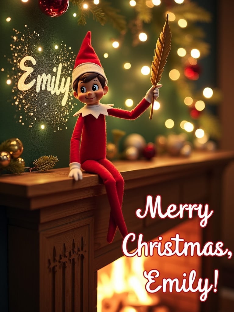 A cheerful Christmas card features a mischievous Elf on the Shelf. The elf sits on a wooden mantle. The elf holds a golden quill and writes the name Emily in stardust above a glowing fireplace. A beautifully decorated Christmas tree is in the background. Words Merry Christmas, Emily appear at the bottom in playful lettering. The scene radiates warmth and joy of the holiday season.