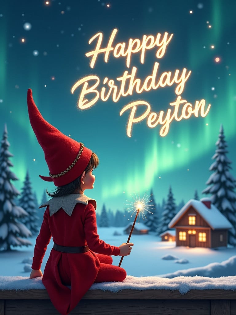 An elf sits with its back to the camera. The elf gazes at swirling lights in the sky. The elf wears a red outfit and pointed hat. The elf holds a wand that sparkles. The message 'Happy Birthday Peyton' glimmers in the sky. The background consists of snow-covered land with small houses and evergreens.