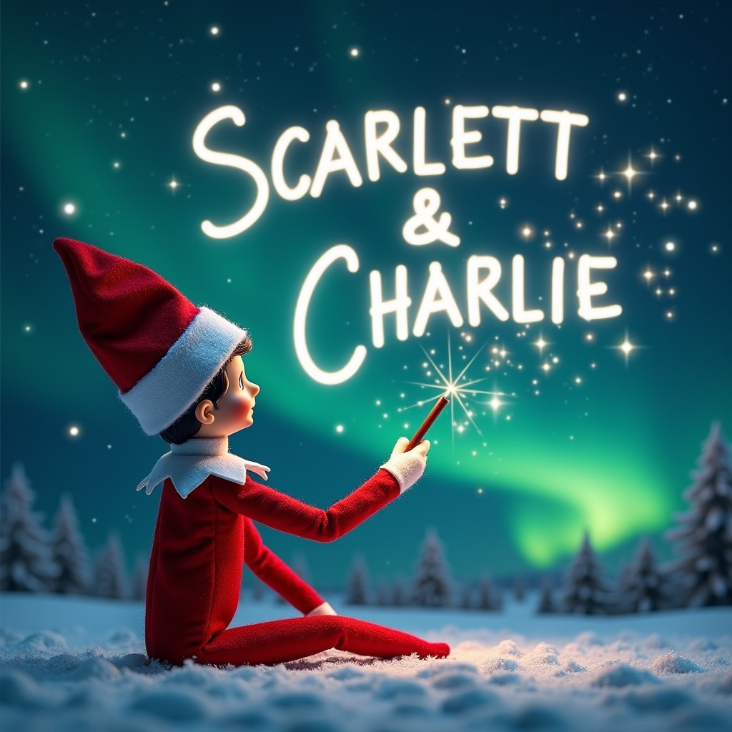 This image showcases an elf on the shelf positioned with its back to the viewer. The elf, dressed in a traditional red outfit, is facing up towards a beautiful dark sky filled with vibrant northern lights. With a magic wand in hand, it is elegantly writing the names Scarlett and Charlie in sparkling letters against the backdrop. The snowy ground adds a serene touch to the magical scene. The overall atmosphere is filled with wonder and holiday joy, perfect for capturing the essence of Christmas.