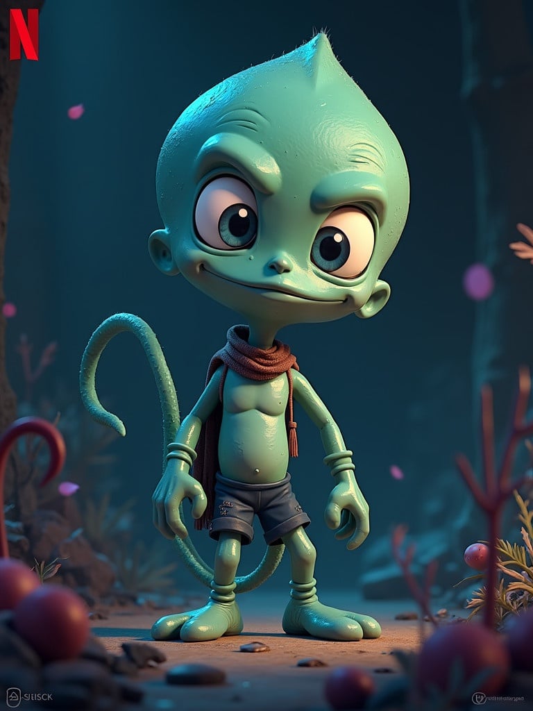 Animated character from Netflix. Green character with big eyes and mischievous smile. Standing in a magical forest setting. Wearing shorts and a scarf. Surrounded by whimsical lights and plants.