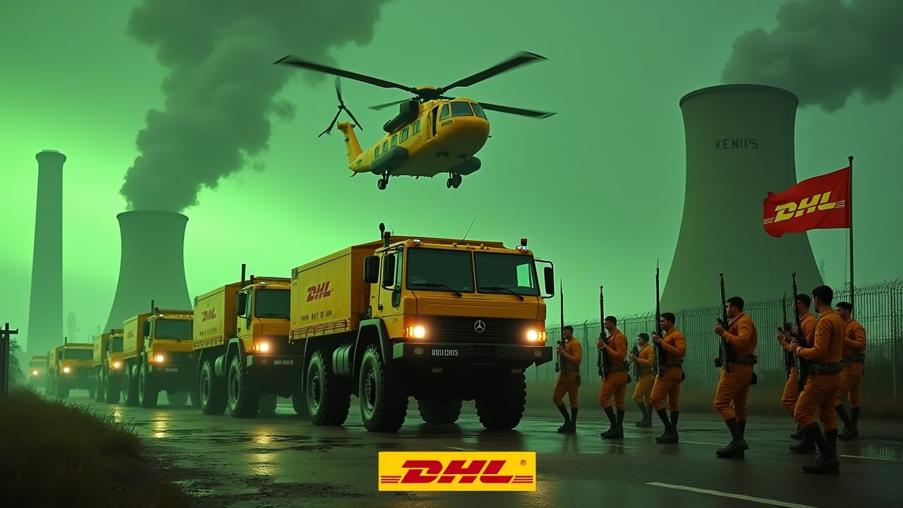 In a dramatic scene, several large yellow armored trucks equipped with cannons drive toward a fence, prominently displaying the DHL logo. Nearby, soldiers in yellow uniforms march together with rifles, one holding a flag featuring the DHL logo. In the background, smokestacks of a nuclear power plant emit smoke, glowing green under an ominous sky. Above, a large yellow Chinook CH-47 cargo helicopter flies, adding intensity to the atmosphere. The entire scene is imbued with a sense of urgency and action.