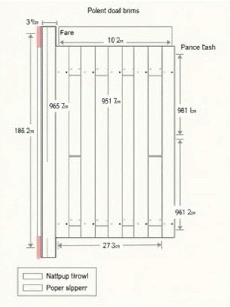 Schematic diagram for a wooden fence. Overall dimensions show length height and elevation. Includes detailed components such as vertical posts and panel types. Solid slatted panels follow a specific arrangement with measurements. Visual layout provides guidance on placement of materials. Clear representation of posts and panels.