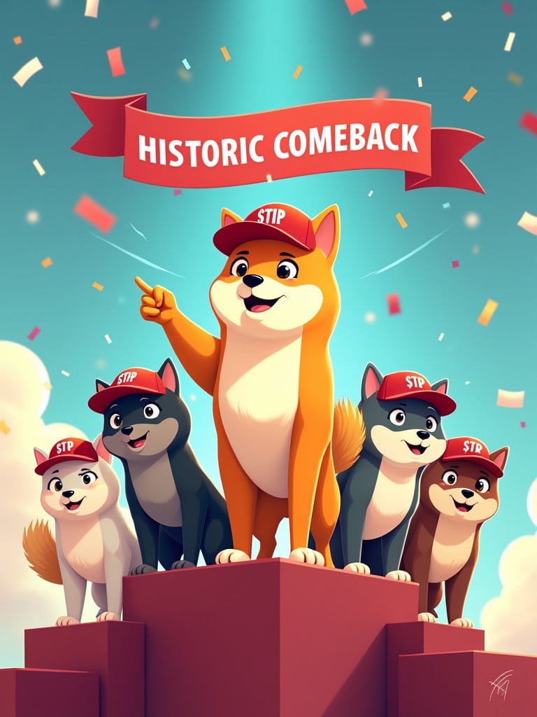 Create a vibrant meme featuring animated Shiba Inu characters with different fur colors each wearing red baseball caps with $TRP logo. The scene shows Shibas on a podium under a celebratory sky with confetti. The golden Shiba stands tall, pointing forward while others cheer. A banner reads 'Resilient Spirit, Historic Comeback.' Dialogue reflects themes of empowerment and resilience in cryptocurrency.