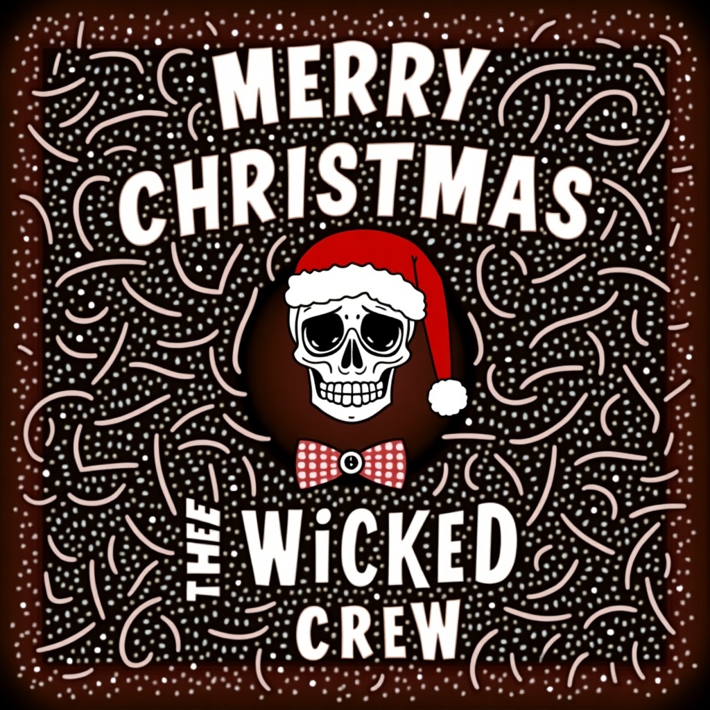 A festive illustration depicting a Christmas greeting to the Wicked Crew. There is a character wearing a Santa hat and a bow tie. The background is filled with decorative swirls. Prominent text reads Merry Christmas. The design conveys a fun holiday vibe.