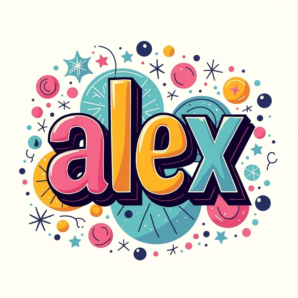 Colorful text spelling the name Alex in a playful style. Vibrant colors and creative shapes surround the text. Perfect for personalized branding.