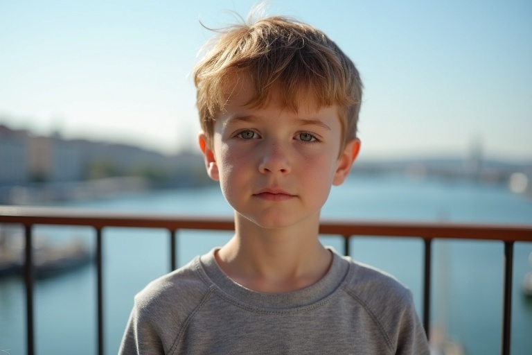 A young boy stands on a balcony overlooking a harbor. He has short light brown hair and wears a gray sweatshirt. The boy appears shy and introverted. The background shows a sunny day with a scenic harbor view.